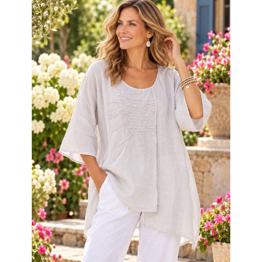 Match Point XL 100% Linen Tunic Top Oversized Lagenlook Artsy Pintuck White